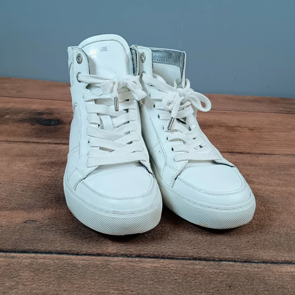 Zadig & Voltaire Paris White Leather High Top Sneakers Zip Lightning Bolt size37